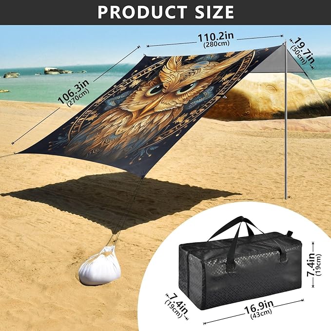 ALAZA Gold Owl Print Boho Beach Tent Sun Shelter UPF50+ Protection Beach Shade Canopy w/ 4 Sandbags for Outdoor Camping Fishing Backyard Fun Picnic 10x9 ft