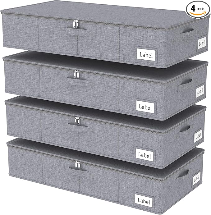 Yawinhe Foldable Underbed Storage Bags Containers Bin with Lids Large Under Bed Organizer Box with Sturdy Zipper und Label Holders for Clothing 31.5''Lx15.7''Wx6''H 4 Pack Grey