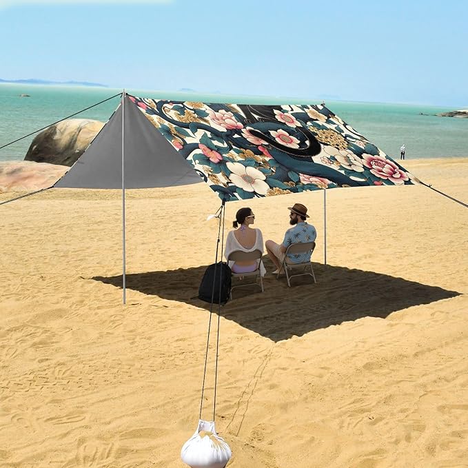 Black Cat and Japanese Flowers Beach Tent Sun Shelter Set UPF50+ UV Protection 10.5 x 9.19 FT Camping Shade Canopy with Sandbags Sand Anchors Carrying Bag and Others