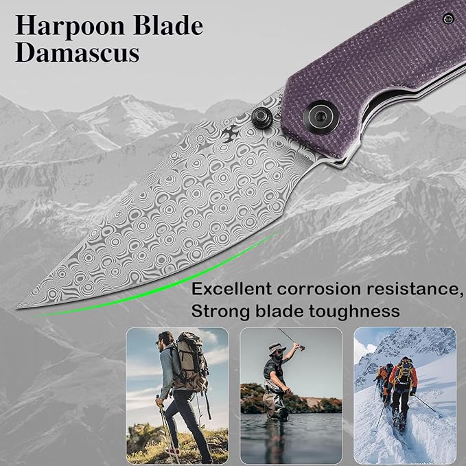 KANSEPT Fenrir Pocket Knife 3.48 Damascus Harpoon Blade Blackwash Titanium Handle Purple Micarta Inlay Thumb Stud &amp Liner Lock with Deep Clip EDC Knives for Camping Hunting Survival K1034Z2