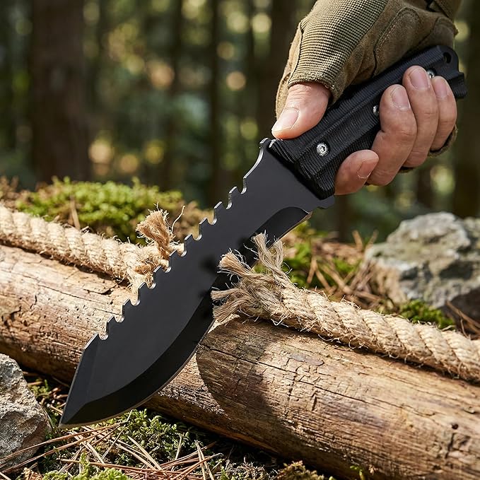 11.4 Fixed Blade Outdoor Knife with 9CR13MOV Stainless Steel - Rugged Utility Knife with Sawtooth Spine &amp V-Shaped Edge - Non-Slip ABS Handle with Lanyard Hole - Durable Nylon Sheath for Camping