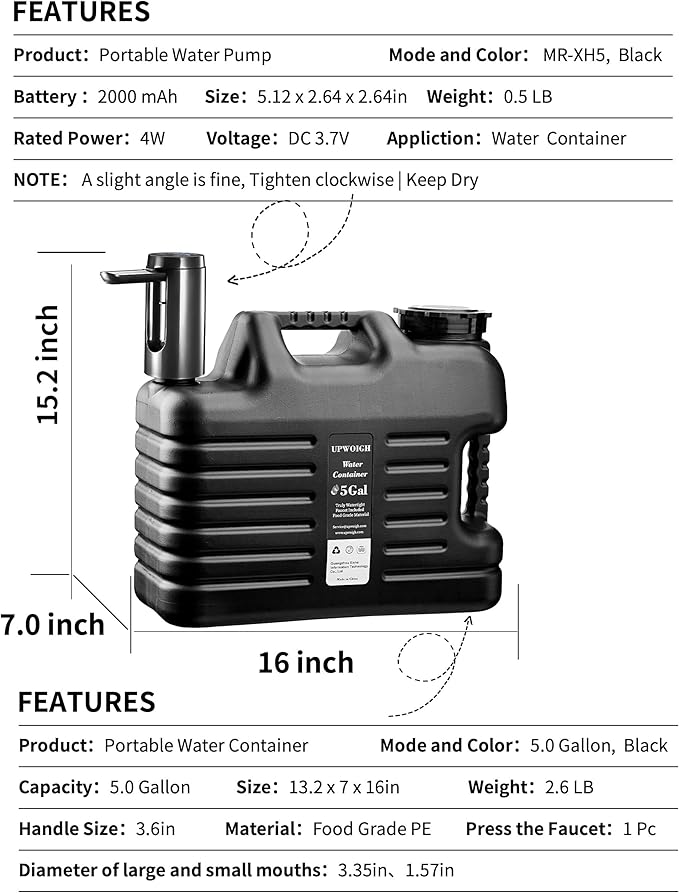 Portable 5 Gallon Water Jug with Automatic Touch Control PumpTruly No Leakage Water Container with SpigotType-C Rechargeable Black Water Pump Gear for Outdoors Camping Hiking