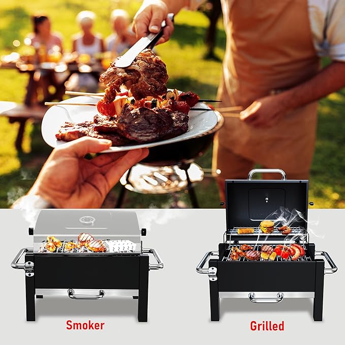 BBQCuker Portable Charcoal Grill with Warming Rack Tabletop Charcoal Grill Small BBQ Grill with Thermometer(100-800°F) Outdoor Charcoal Smoker for Camping Picnic Hiking Beach and Travel