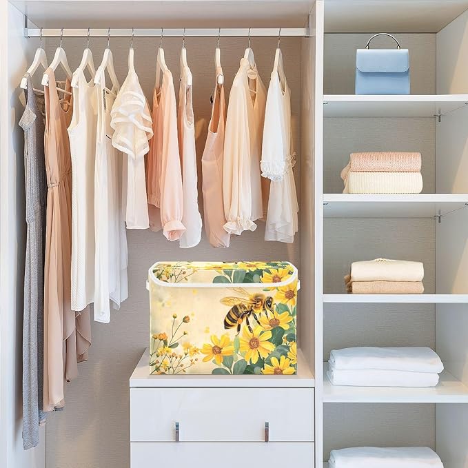 MNSRUU Containers Baskets with Lids Honey Bee Foldable Storage Bins Organizer with Lid Collapsible Storage Boxes for Home Bedroom Closet Office
