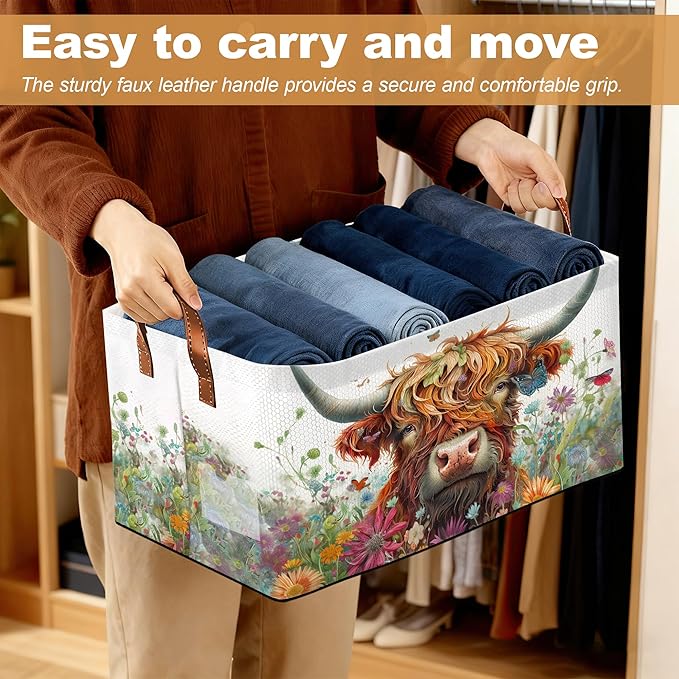 Flower Highland Cow Storage Bins with Handles Collapsible Storage for Clothes Gift Basket Blankets &amp Closet Organization