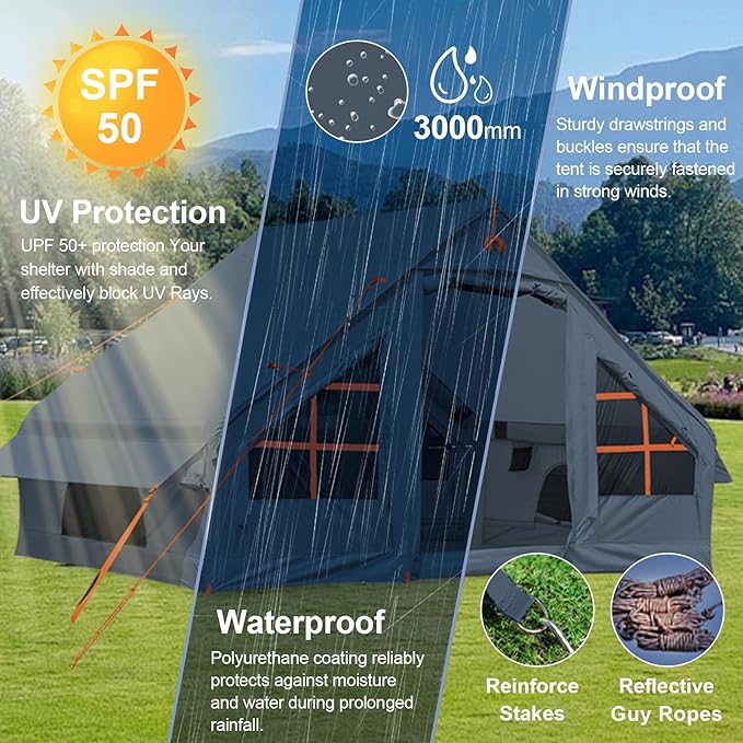 Inflatable Camping Tent2/4/6/8 Person Glamping Inflatable Tents with Awning Quick Setup Blow Up Tents with Pump Waterproof Oxford Inflatable House for Camping Air Glamping Hot Tents for Adult