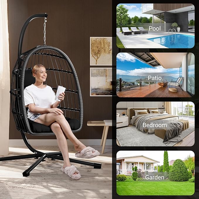 LEVELEVE Egg Chair with StandPatio Rattan Wicker Hanging Swing Egg Chair Hammock Chair for Bedroom Porch GardenThickened Aluminum Alloy Steel Frame and UV Resistant Cushion350LBS Capacity