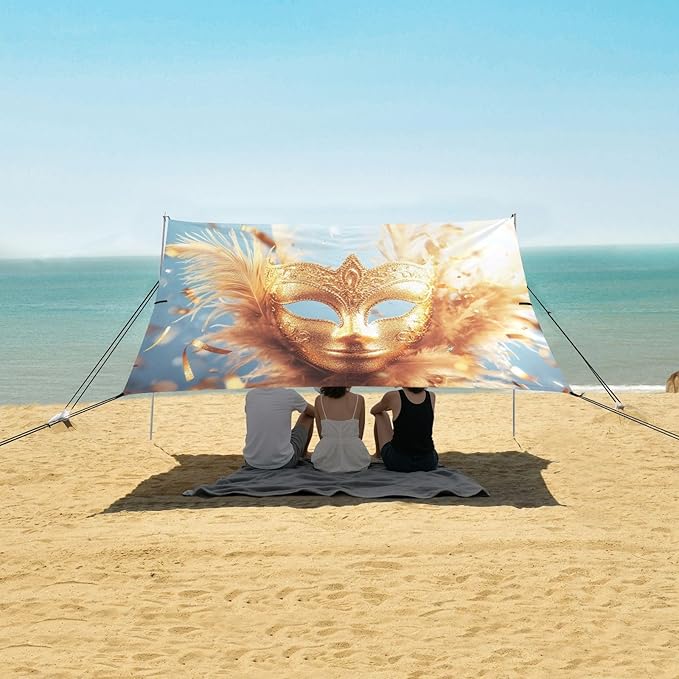 Carnival Golden Mask Mardi Gras Beach Tent Sun Shelter Set UPF50+ UV Protection 10.5 x 9.19 FT Camping Shade Canopy with Sandbags Sand Anchors Carrying Bag and Others