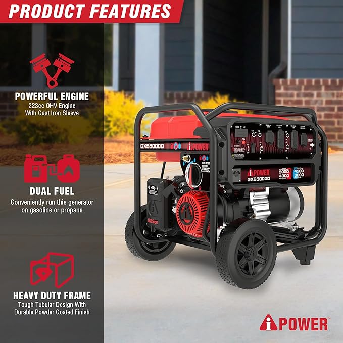 A-iPower 5000-Watt Portable Generator Gas &amp Propane CO Sensor Shutdown Heavy Duty Generators with 223cc OHV Engine For Jobsite RV Home Backup Emergency (GXS5000D)