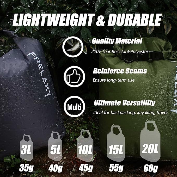 Frelaxy Dry Bag 3-Pack/5-Pack Ultralight Dry Sack Outdoor Bags Keep Gear Dry for Hiking Backpacking Kayaking Camping Swimming Boating