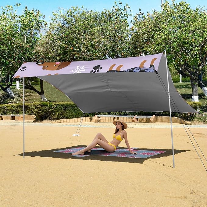 ALAZA Purple Background Dog Pattern Beach Tent Sun Shelter Portable Canopy Sunshade for Outdoor Camping Picnics Backyard Fun 10x9 ft