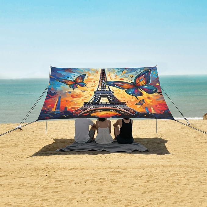 ALAZA Paris Eiffel Tower Colorful Butterfly Starry Beach Tent Sun Shelter Portable Canopy Sunshade for Outdoor Camping Picnics Backyard Fun 10x9 ft