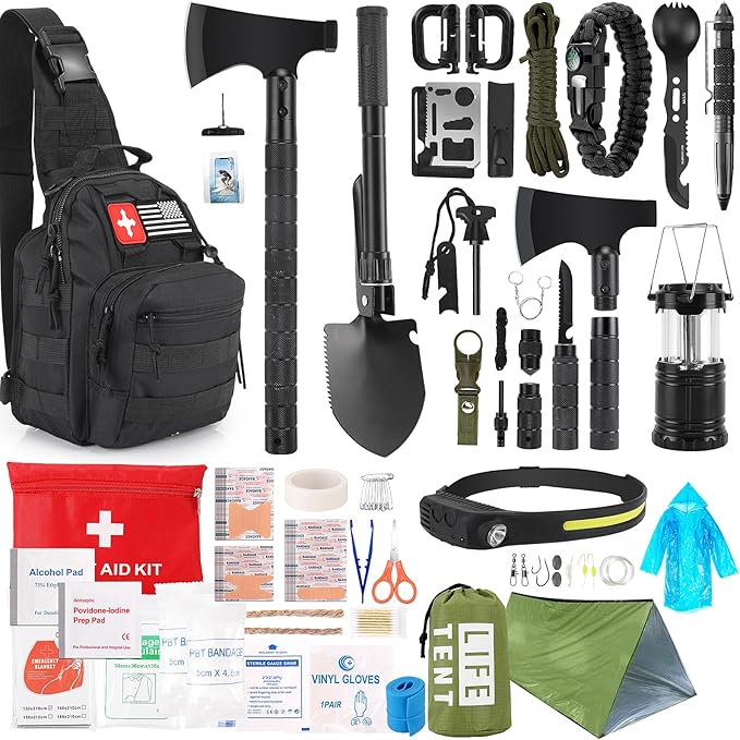 Survival Kit 268 Pcs Emergency Survival Gear and Equipment Supplies with First Aid Kit Camping Axe Headlamp Crossbody Bag for Camping Hiking Hunting Gift for Christmas Men Dads Black