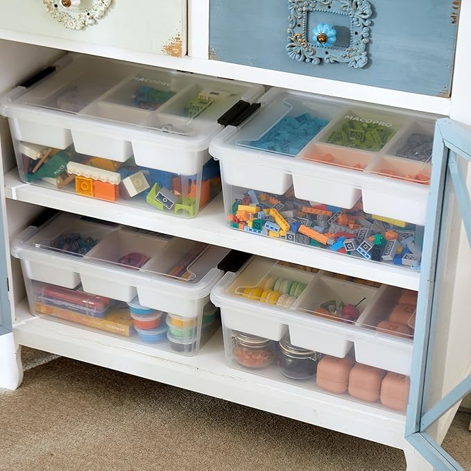 MACOPRO 17 QT Plastic Storage Box with Removable Tray Bins with Lids Clear Storage Container for Craft Supplies Beads Tools Sewing and Playdoh Organization (White 1Pack-17QT)