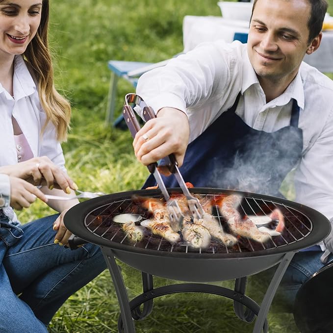 FireBeauty Fire Pit BBQ Grill Pit Bowl with Mesh Spark Screen CoverPoker
