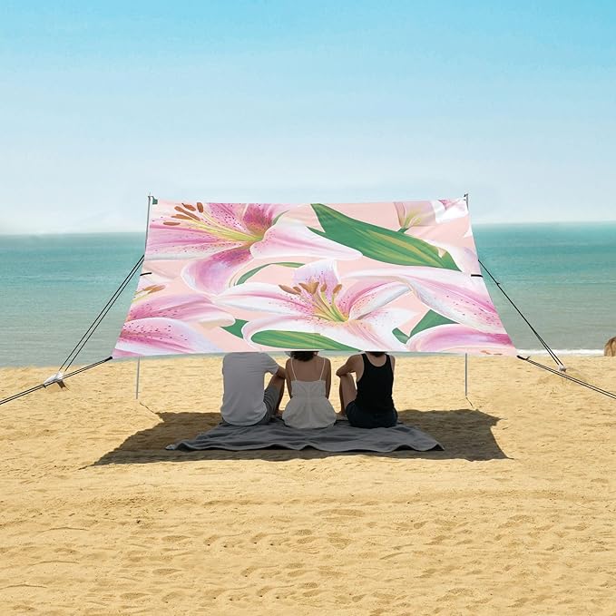 ALAZA Lilies Pink Flower Beach Tent Sun Shelter Portable Canopy Sunshade for Outdoor Camping Picnics Backyard Fun 10x9 ft