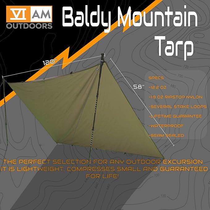 VIAM Outdoors Baldy Tan Tarp: Waterproof Camping Tarp for Hunting Glassing Hammock Rain Fly Ultralight Backpacking Gear Sun Shelter &amp Heavy Duty Outdoor Protection - 1.9oz
