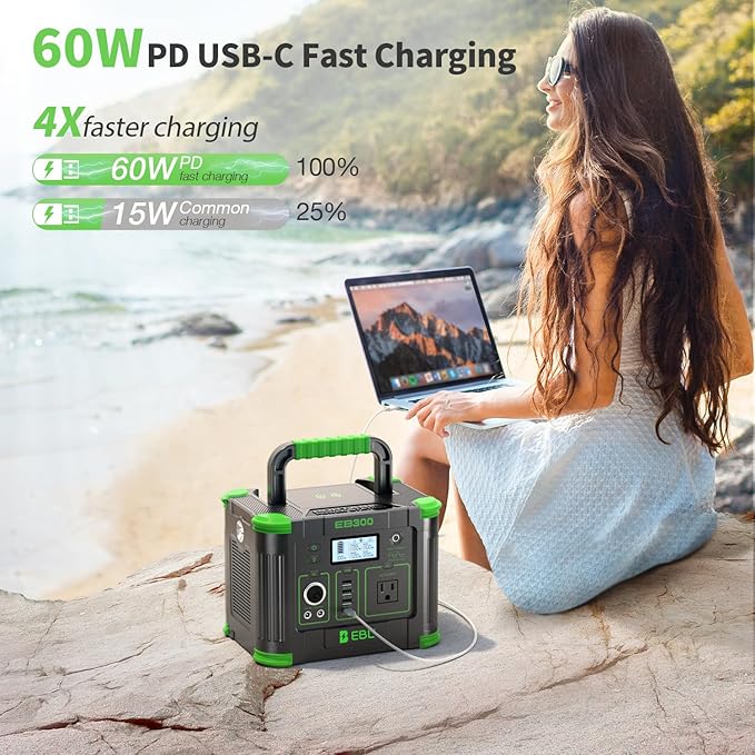 EBL Portable Power Station 330W 288.6Wh Solar Generator 60W USB-C PD 5W Wireless Charger SOS Emergency Light Multi-Port Power Supply for Outdoor Camping Home Blackout RV Travel