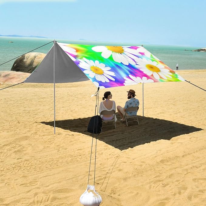 Beach Canopy with Windproof Ropes &amp Sandbags Beach Tent Sun Shade Sun Shelter for Camping Trips Fishing Backyard Fun or Picnics Daisy