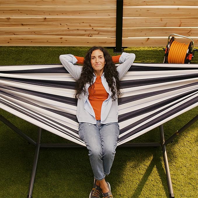 Vivere Double Sunbrella Hammock with Space-Saving Steel Stand Heavy-Duty Portable Outdoor Hammock Set for Backyard Patio or Travel Harbor
