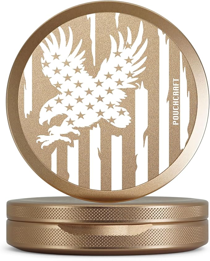 Metal Pouch Can | Aluminum Container for Pouches with Removable Silicone Divider | Airtight O-Ring Moisture Odor Proof EDC Pocket Tin | American Flag Edition (Tall Rose Gold)