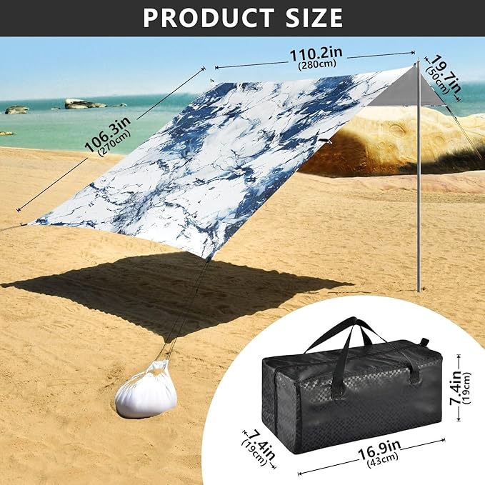 ALAZA Blue White Marble Beach Tent Sun Shelter Portable Canopy Sunshade for Outdoor Camping Picnics Backyard Fun 10x9 ft