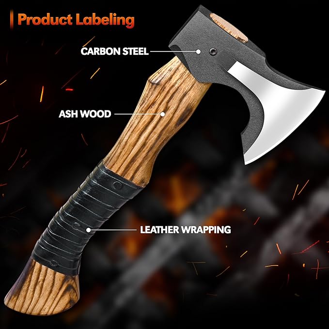 14” Hatchet Axe Camping Hatchet Hand Forged Axe with Sheath for Wood Chopping Splitting &amp Carving Bushcraft Axe with Ash Wood Handle for Outdoor &amp Survival