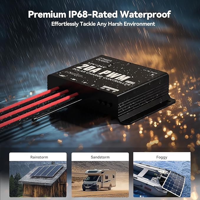 Power Queen 20A 12V/24V PWM IP68 Waterproof Solar Charger Controller with LED Indicators Ideal for LiFePO4 AGM Gel Flooded Battery in RVs Trailers Boats Yachts