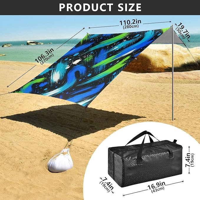 xigua Paint Beach Tent Sun Shelter with Carrying Bag - Silver Coated Oxford Fabric Beach Canopy for Beach Camping Fishing - Includes Windproof Ropes Sandbags &amp Stakes