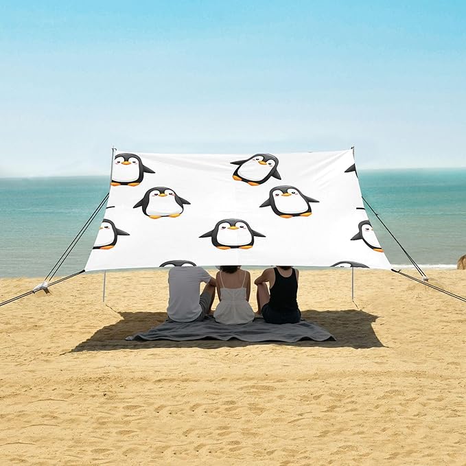 Penguins Beach Canopy Sun Shelter with Sandbags &amp Sand Shovel &amp Windproof Ropes - Portable 110x126 Beach Shade Beach Tent for Camping Picnics