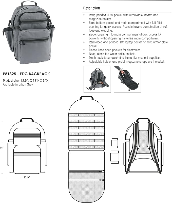 US PeaceKeeper Products P51325 - EDC Backpack - Quick Access CCW Pocket - Laptop Pocket - Adjustable - Grey