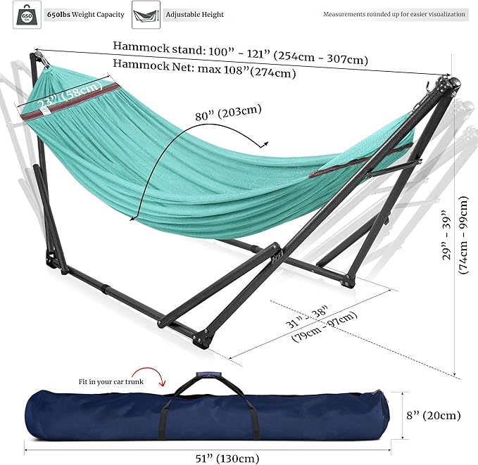 Tranquillo Universal Double Hammock with Stand Included for 2 Persons/Foldable Hammock Stand 600 lbs Capacity Portable Case - Inhouse Outdoor Camping Sky