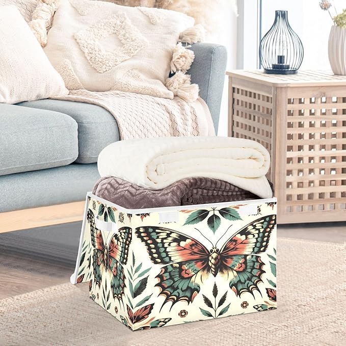 MNSRUU Containers Baskets with Lids Retro Beautiful Butterfly Foldable Storage Bins Organizer with Lid Collapsible Storage Boxes for Home Bedroom Closet Office