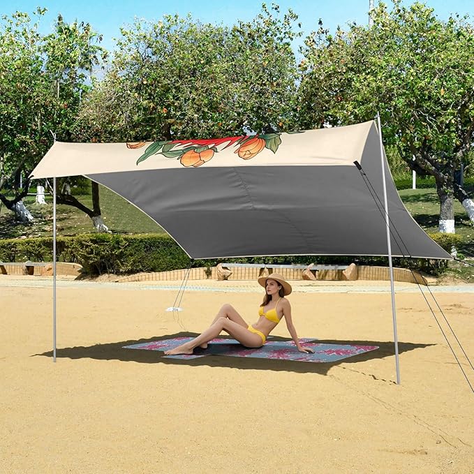 xigua Dragon Pattern Beach Tent Sun Shelter with Carrying Bag - Silver Coated Oxford Fabric Beach Canopy for Beach Camping Fishing - Includes Windproof Ropes Sandbags &amp Stakes