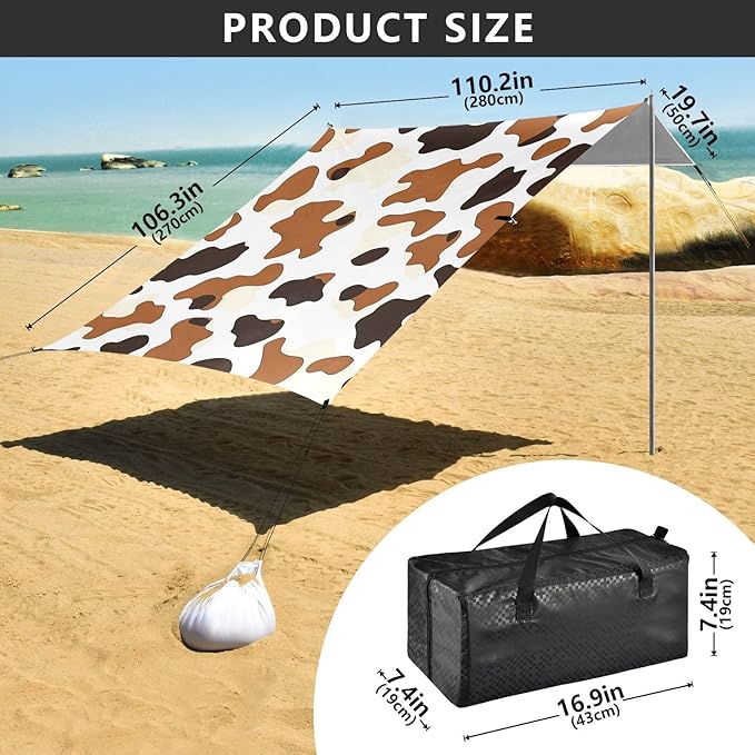 ALAZA Brown Black Cow Pattern Beach Tent Sun Shelter Portable Canopy Sunshade for Outdoor Camping Picnics Backyard Fun 10x9 ft