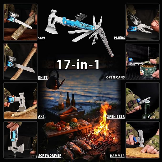 17-in-1 Multifunctional Outdoor Tool Axe with Hammer Plier wrenches utility knife saw bottle opener Multi-bit screwdrivers Great Gift for Men Dad Camping Survival Kit (Black)