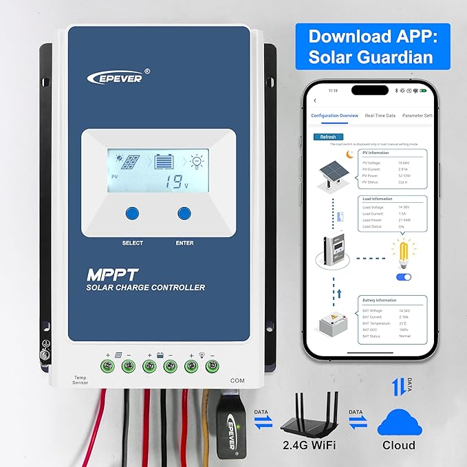 EPEVER MPPT Solar Charge Controller 40A 12V 24V Auto + WiFi Adapter Remote Control via APP + Temp Sensor Cable Solar Panels Charger for Lead-Acid LiFePO4 Lithium Battery (Tacer4210AN+WiFi+RTS)