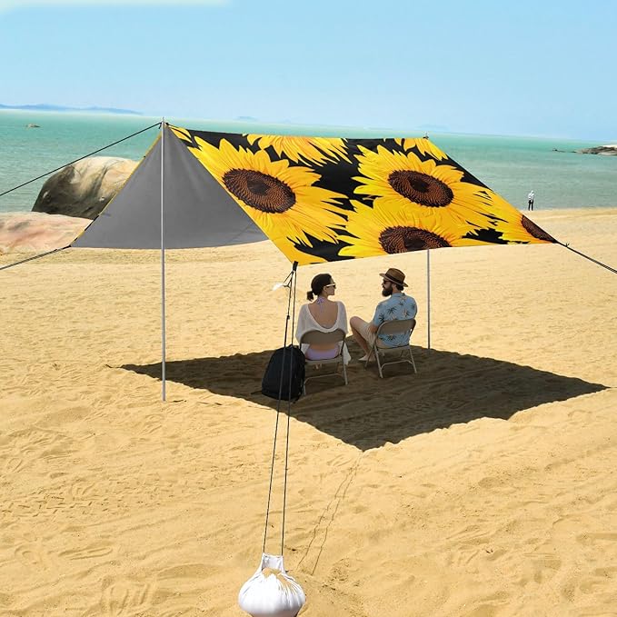Beach Canopy with Windproof Ropes &amp Sandbags Beach Tent Sun Shade Sun Shelter for Camping Trips Fishing Backyard Fun or Picnics Sunflower