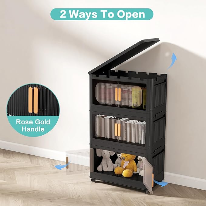 20 Side Wide Folding Storage Cabinet - Black 3-Tier Collapsible Storage Bin with Magnetic Door and Wheels for Home Office Organization