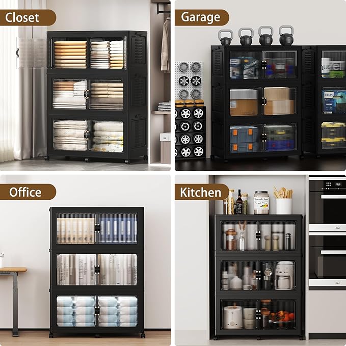 SAILUN 145Gal/579Qt Stackable Storage Bins Folding Collapsible Storage Bins with Lid Closet Organizers and Storage Box with Door Black 33.5 W x 19 D x 53 H