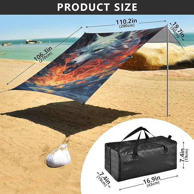 ALAZA Fire Water Wolf Beach Tent Sun Shelter Portable Canopy Sunshade for Outdoor Camping Picnics Backyard Fun 10x9 ft