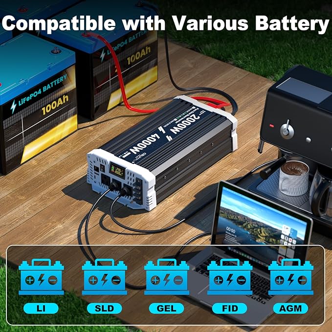 2000 watt Pure sine Wave Inverter 24V DC to 110V AC Power Inverter Used for Solar Emergency Power Supply in RV Homes with 3 AC Output sockets USB Port Type-C Port Remote Control with LCD Screen