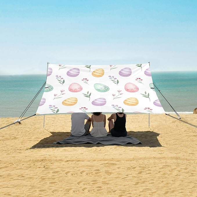 Easter Egg Beach Canopy Sun Shelter with Sandbags &amp Sand Shovel &amp Windproof Ropes - Portable 110x126 Beach Shade Beach Tent for Camping Picnics