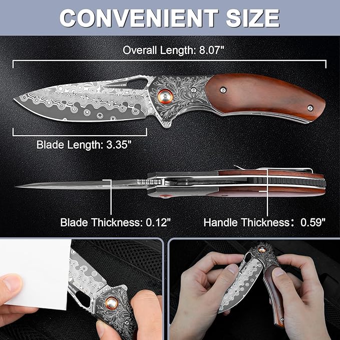 Zingbee Damascus Pocket Knife with Sheath 3.35 Damascus Steel Blade Knife with Wooden Handle EDC Pocket Knives &amp Folding Knives for Outdoor Camping Ideal Gifts for Men Women