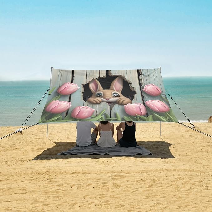 Easter Rabbit Wooden Planks Beach Tent Sun Shelter Set UPF50+ UV Protection 10.5 x 9.19 FT Camping Shade Canopy with Sandbags Sand Anchors Carrying Bag and Others