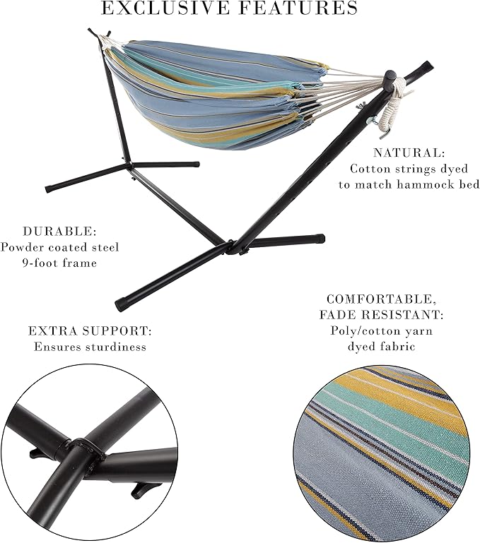 Double Brazilian Hammock with Stand Included - Woven Cotton 2-Person Outdoor Swing with Frame for Camping Backyard or Patio by Pure Garden