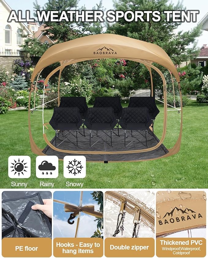Baobrava Pop Up Sports Tent - Thick PVC Scratch-Resistant Bubble Clear Tent Instant Weather Proof Pod with Extra Top Cover for Soccer Football Games Outdoor Events 5-6 Person