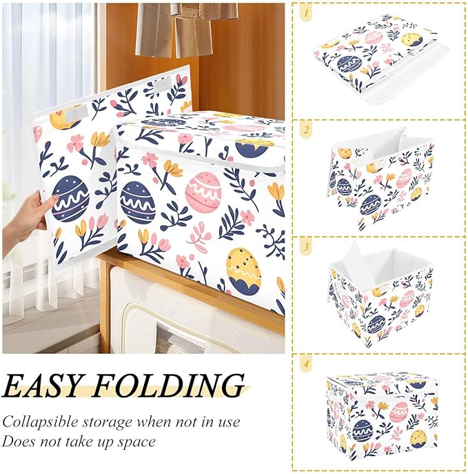 Doodle Easter Eggs and Flower Pattern Foldable Storage Baskets Fabric Boxes with Handle Organizers with Flip-Top Lids Storage Bins for Home Bedroom Office