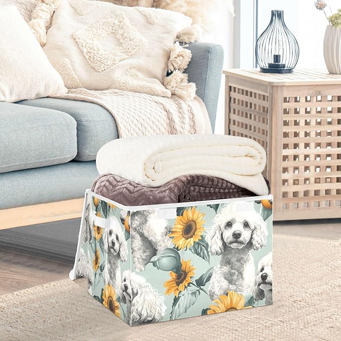 Collapsible Storage Bins with Lids Decorative Fabric Storage Cubes Closet Organizer and Storage Basket Boxes Containers for Clothes Box Chest Nursery Folding Rectangle White Poodle Sunflower