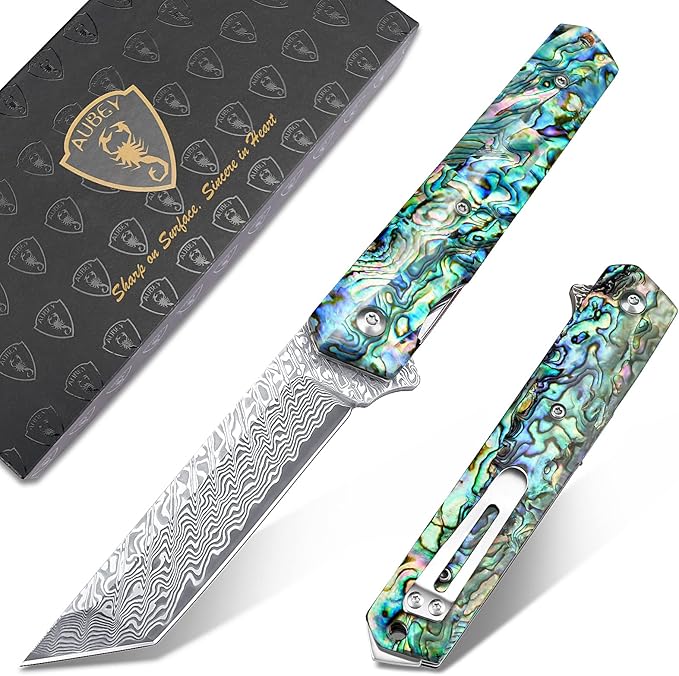 AUBEY Damascus Pocket Knife with Clip Sharp Tanto Blade with VG10 Core Folding Knife with Abalone Shell Handle and Glass Breaker EDC Camping Knife for Gift Survival Collection